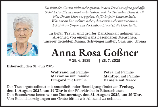 Traueranzeige von Anna Rosa Goßner von Neu-Ulmer Zeitung