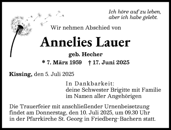Traueranzeige von Annelies Lauer von Augsburger Allgemeine, Friedberger Allgemeine