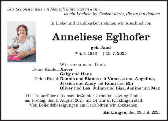 Traueranzeige von Anneliese Eglhofer von Donau Zeitung, Wertinger Zeitung