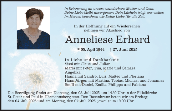 Traueranzeige von Anneliese Erhard von Friedberger Allgemeine