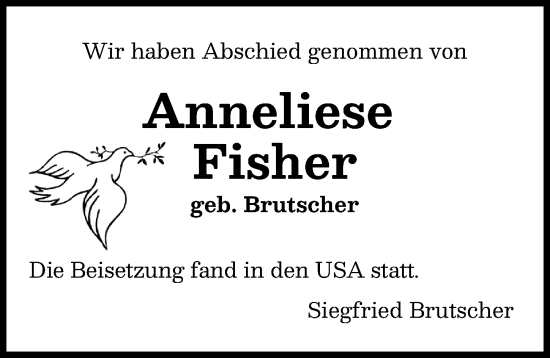 Traueranzeige von Anneliese Fisher von Augsburger Allgemeine