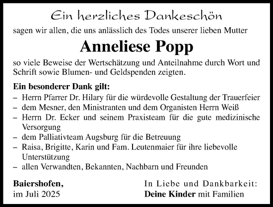 Traueranzeige von Anneliese Popp von Augsburg-Land