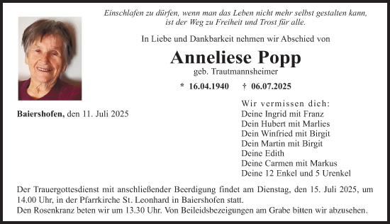 Traueranzeige von Anneliese Popp von Augsburg-Land
