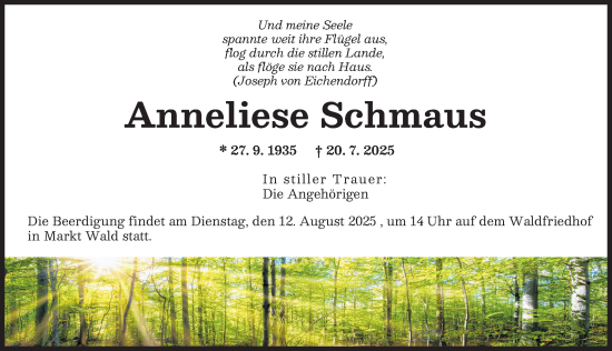 Traueranzeige von Anneliese Schmaus von Augsburger Allgemeine