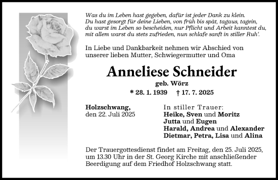 Traueranzeige von Anneliese Schneider von Neu-Ulmer Zeitung, Augsburger Allgemeine