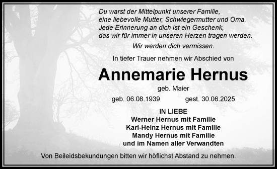Traueranzeige von Annemarie Hernus von Rieser Nachrichten