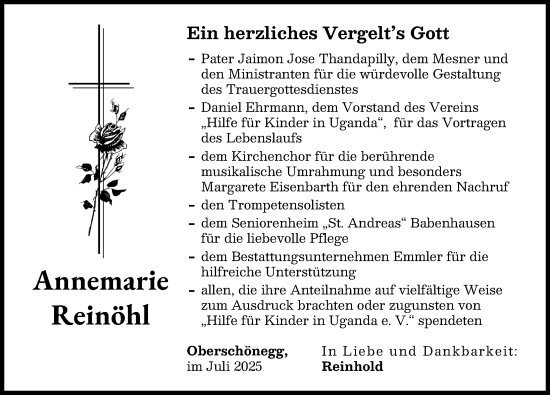 Traueranzeige von Annemarie Reinöhl von Illertisser Zeitung