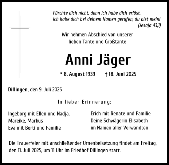 Traueranzeige von Anni Jäger von Donau Zeitung