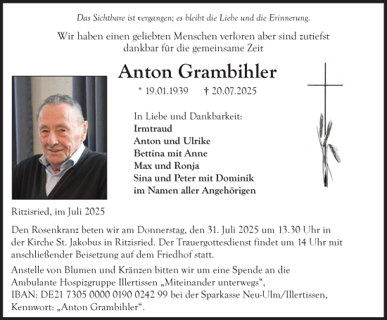 Traueranzeige von Anton Grambihler von Illertisser Zeitung