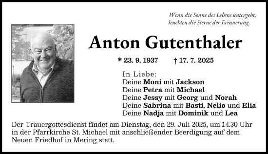 Traueranzeige von Anton Gutenthaler von Friedberger Allgemeine