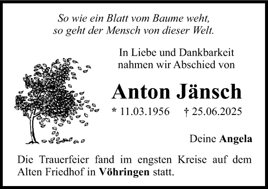 Traueranzeige von Anton Jänsch von Illertisser Zeitung