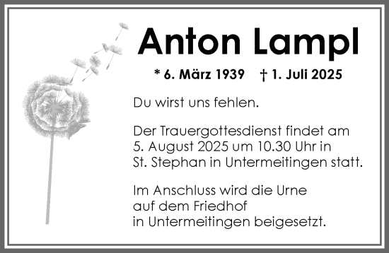 Traueranzeige von Anton Lampl von Schwabmünchner Allgemeine