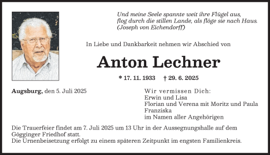 Traueranzeige von Anton Lechner von Augsburger Allgemeine