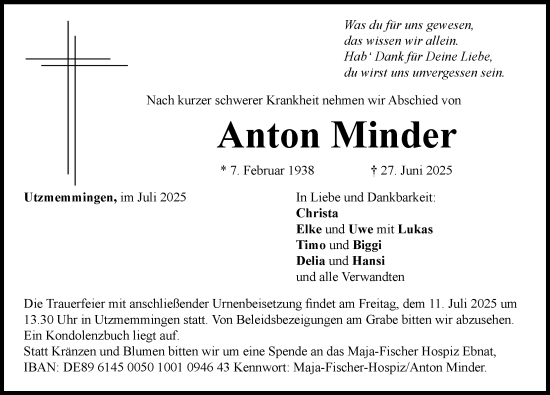 Traueranzeige von Anton Minder von Rieser Nachrichten
