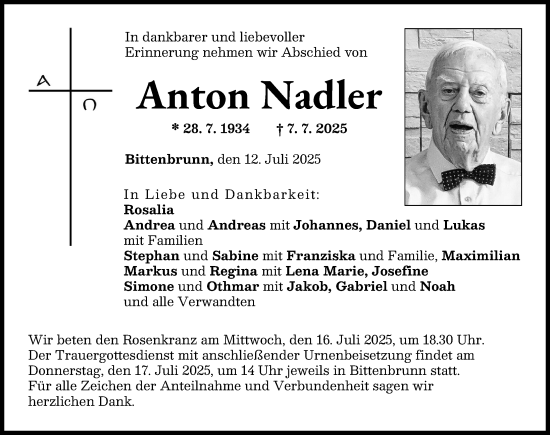 Traueranzeige von Anton Nadler von Neuburger Rundschau