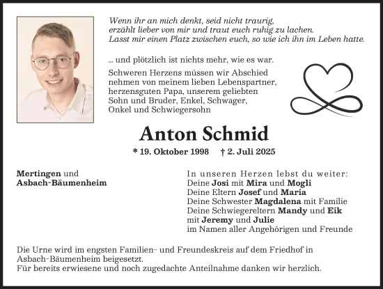 Traueranzeige von Anton Schmid von Donauwörther Zeitung
