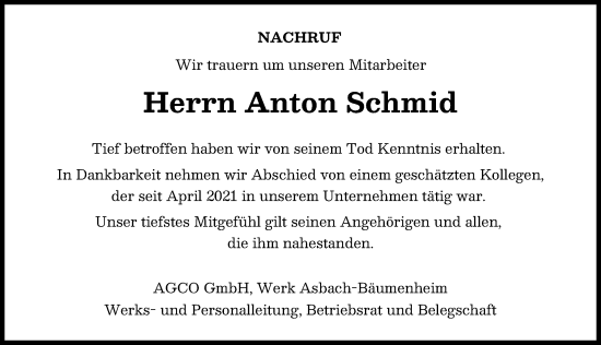 Traueranzeige von Anton Schmid von Donauwörther Zeitung