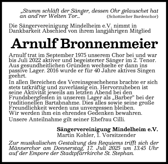 Traueranzeige von Arnulf Bronnenmeier von Mindelheimer Zeitung
