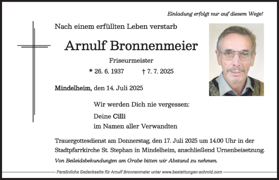 Traueranzeige von Arnulf Bronnenmeier von Mindelheimer Zeitung
