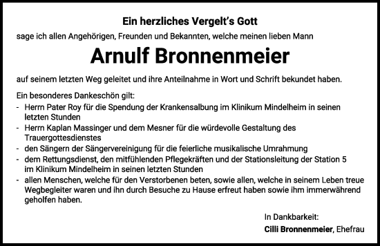 Traueranzeige von Arnulf Bronnenmeier von Mindelheimer Zeitung