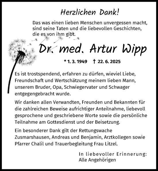 Traueranzeige von Artur Wipp von Augsburger Allgemeine