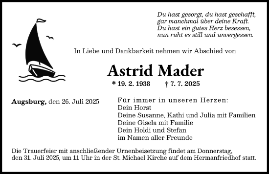 Traueranzeige von Astrid Mader von Augsburger Allgemeine