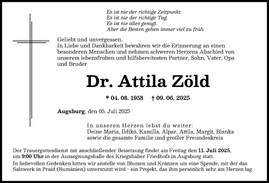 Traueranzeige von Attila Zöld von Augsburger Allgemeine