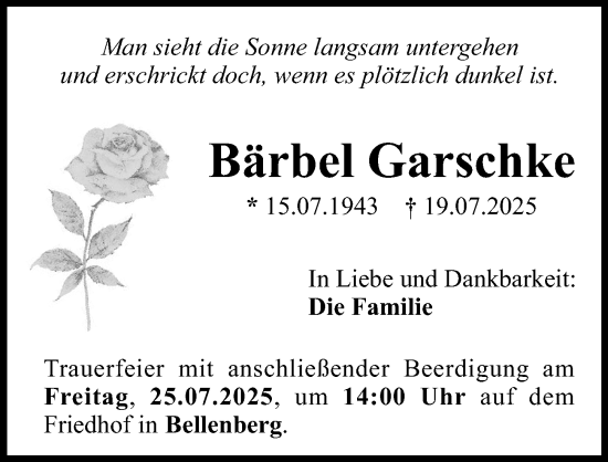 Traueranzeige von Bärbel Garschke von Illertisser Zeitung