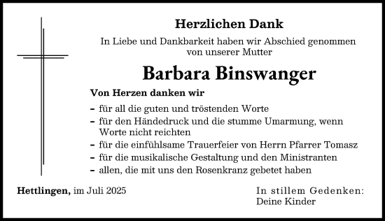 Traueranzeige von Barbara Binswanger von Wertinger Zeitung