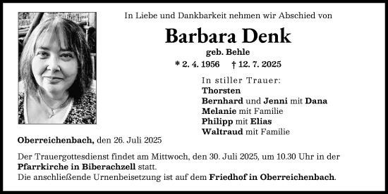 Traueranzeige von Barbara Denk von Neu-Ulmer Zeitung