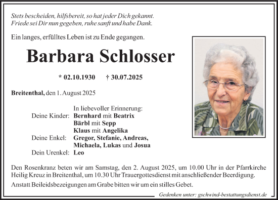 Traueranzeige von Barbara Schlosser von Mittelschwäbische Nachrichten