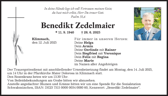 Traueranzeige von Benedikt Zedelmaier von Schwabmünchner Allgemeine