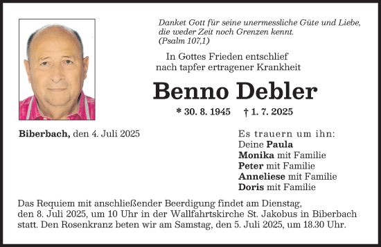 Traueranzeige von Benno Debler von Augsburg-Land, Wertinger Zeitung