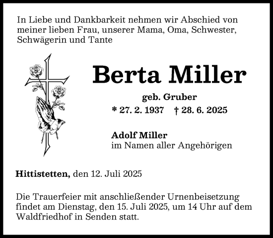 Traueranzeige von Berta Miller von Neu-Ulmer Zeitung