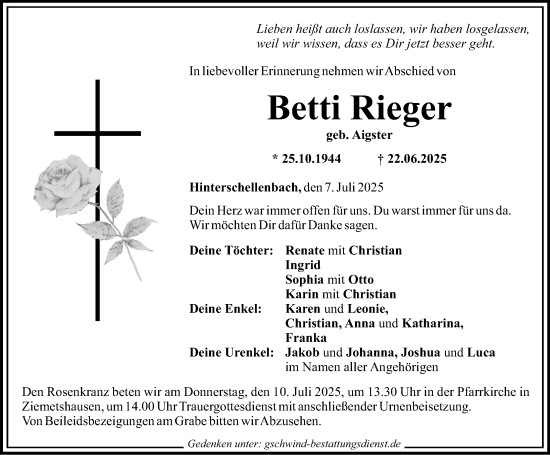 Traueranzeige von Betti Rieger von Mittelschwäbische Nachrichten