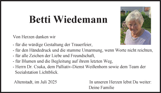 Traueranzeige von Betti Wiedemann von Illertisser Zeitung