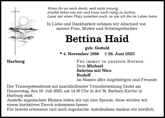 Traueranzeige von Bettina Haid von Donauwörther Zeitung, Rieser Nachrichten
