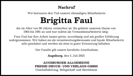 Traueranzeige von Brigitta Faul von Augsburger Allgemeine