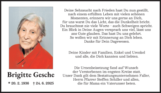 Traueranzeige von Brigitte Gesche von Neuburger Rundschau