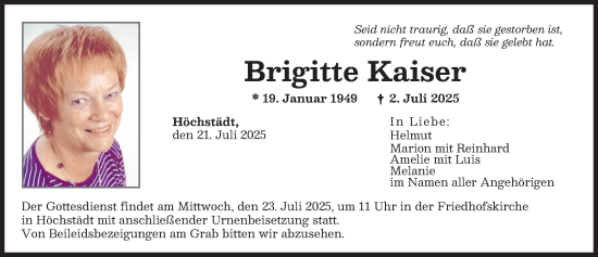 Traueranzeige von Brigitte Kaiser von Donau Zeitung