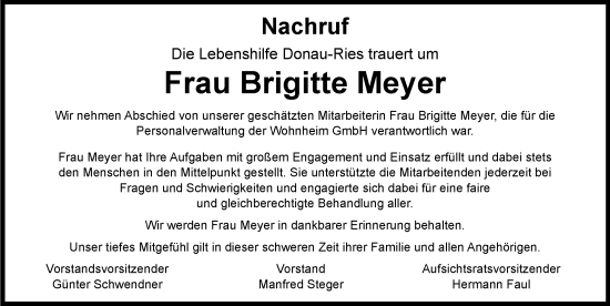 Traueranzeige von Brigitte Meyer von Rieser Nachrichten