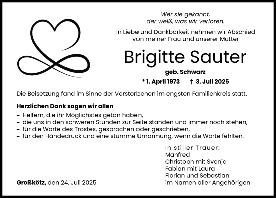 Traueranzeige von Brigitte Sauter von Günzburger Zeitung, Donau Zeitung