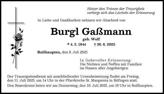 Traueranzeige von Burgl Gaßmann von Günzburger Zeitung
