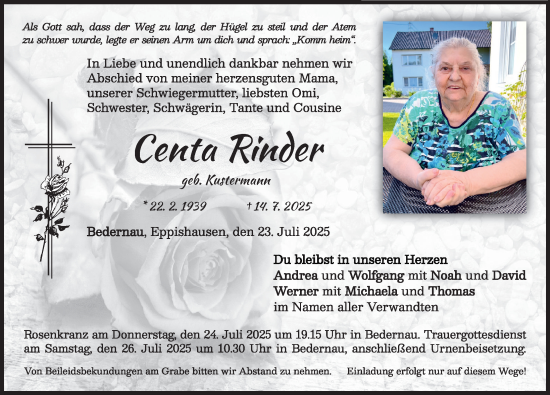 Traueranzeige von Centa Rinder von Mindelheimer Zeitung