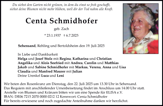 Traueranzeige von Centa Schmidhofer von Neuburger Rundschau