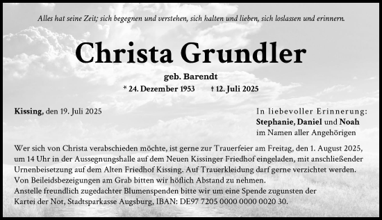 Traueranzeige von Christa Grundler von Friedberger Allgemeine