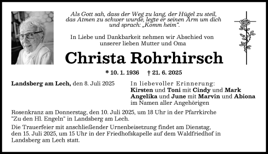 Traueranzeige von Christa Rohrhirsch von Landsberger Tagblatt