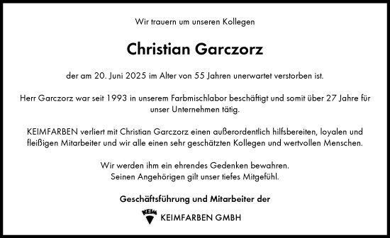 Traueranzeige von Christian Garczorz von Augsburger Allgemeine