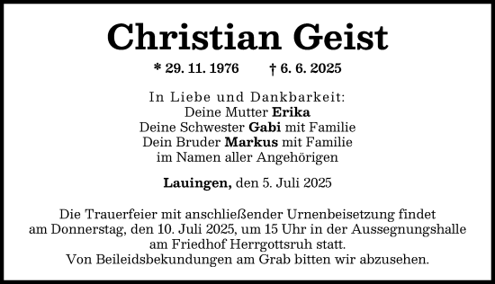 Traueranzeige von Christian Geist von Donau Zeitung