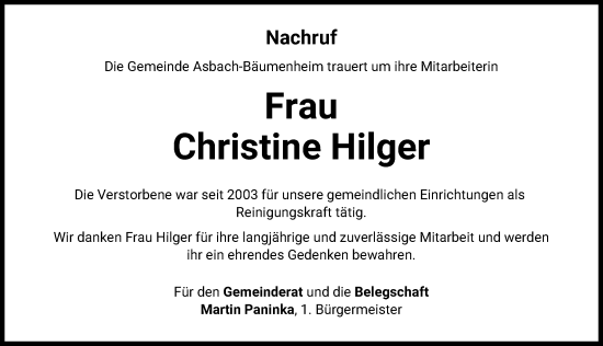 Traueranzeige von Christine Hilger von Donauwörther Zeitung
